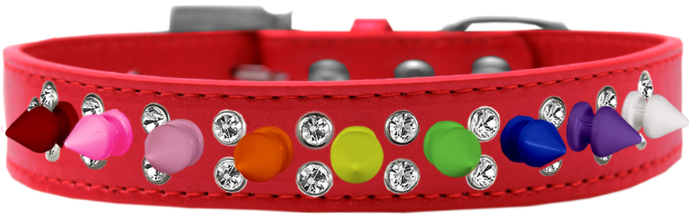 Double Crystal with Rainbow Spikes Dog Collar Red Size 18